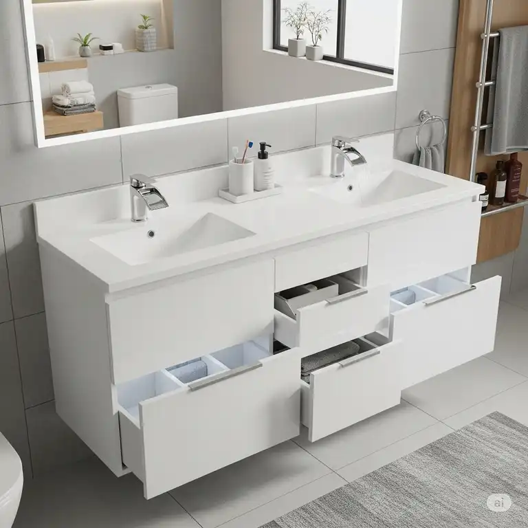 "A stylish 36 inch bathroom vanity with a white countertop and double sinks, featuring modern chrome faucets and ample storage drawers, perfect for a contemporary bathroom design."