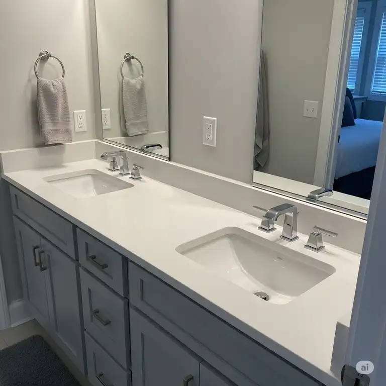 A modern 42 inch bathroom vanity with a white countertop and double undermount sinks, perfect for a master bathroom.
