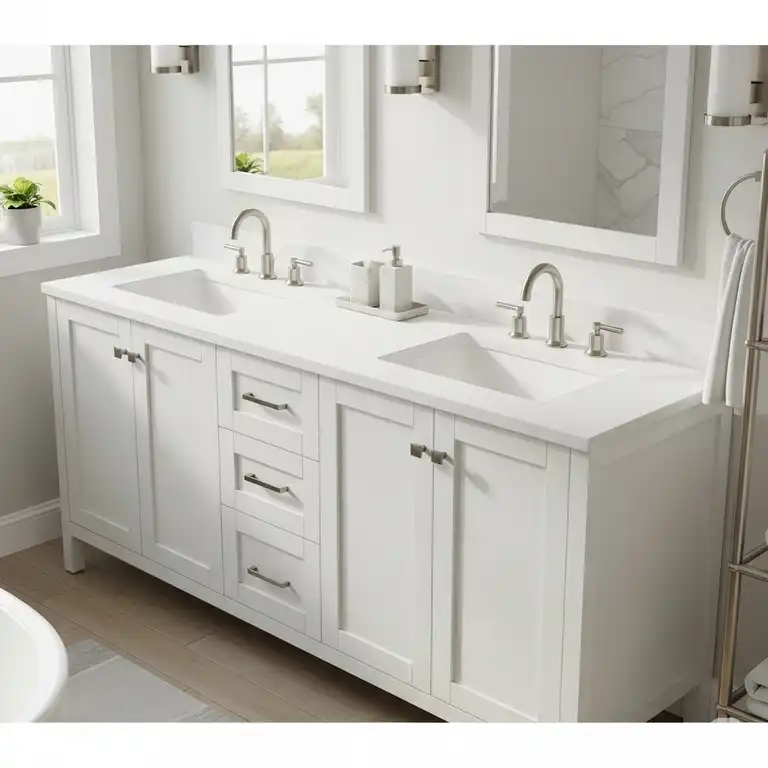 A modern 48-inch bathroom vanity with a white countertop and double sinks, featuring brushed nickel faucets and ample storage.