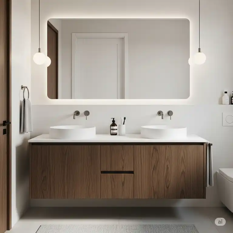A modern 48-inch double sink bathroom vanity in a clean, minimalist bathroom. The vanity features a white countertop and sleek dark wood cabinetry, with two vessel sinks and wall-mounted faucets.