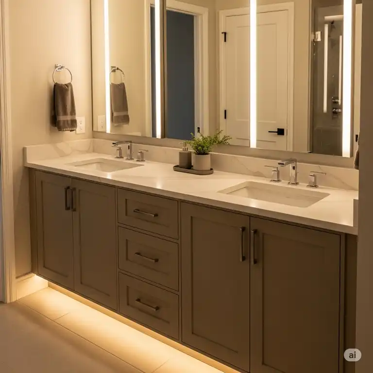Elegant 55 inch bathroom vanity with double sinks and quartz countertop, perfect for modern master bathrooms.