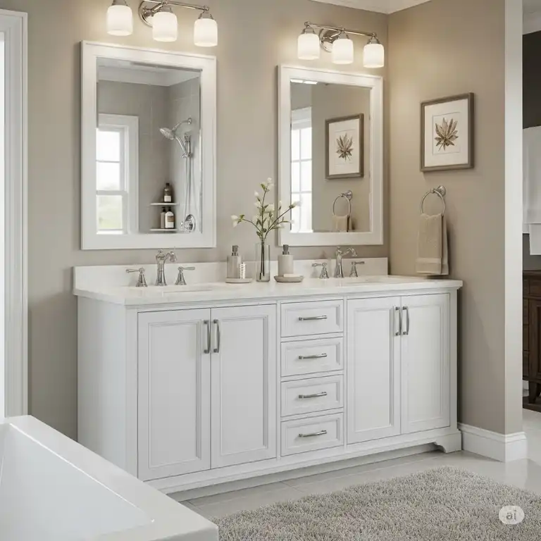Elegant 60 inch bathroom vanity with double sinks, providing ample counter space and storage for a master bathroom.
