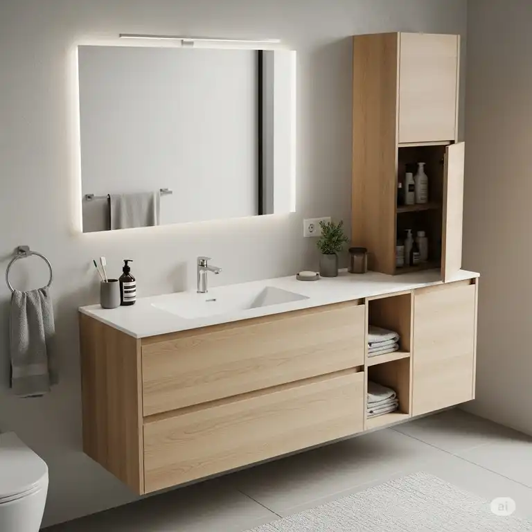 A sleek, modern 60 inch bathroom vanity single sink, with light wood cabinetry and a minimalist design, perfect for a spacious master bathroom.