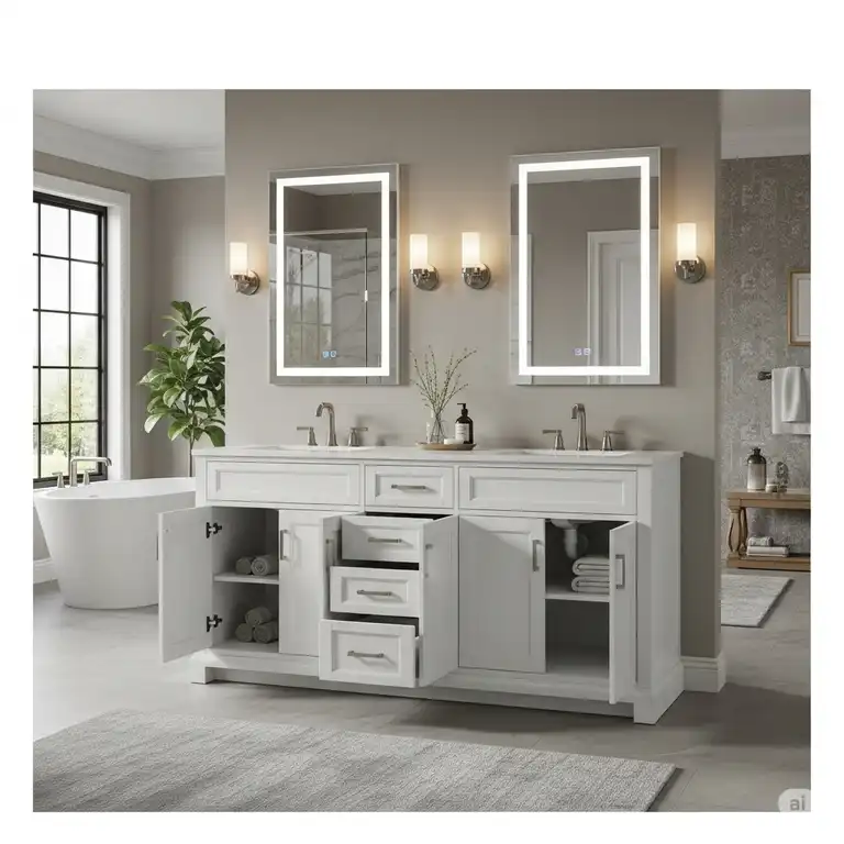 Elegant 72-inch bathroom cabinet with double vanity and ample storage, perfect for a spacious master bathroom.