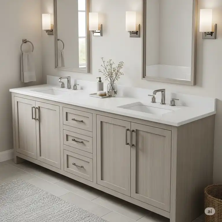 "A sleek, modern 72 inch bathroom vanity double sink and white countertop, perfect for a spacious master bathroom."