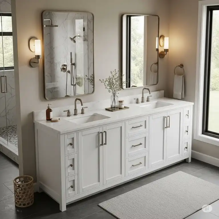 Elegant 72-inch double sink bathroom vanity with quartz countertop and modern faucets, perfect for a spacious master bathroom.