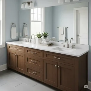 Elegant 84-inch bathroom vanity with double sinks, a white quartz countertop, and brushed nickel hardware, perfect for a spacious master bathroom.