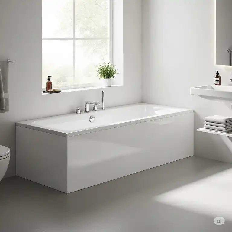 Seamless white acrylic bathtub surround in a modern bathroom, showcasing easy-to-clean surfaces and a sleek design.