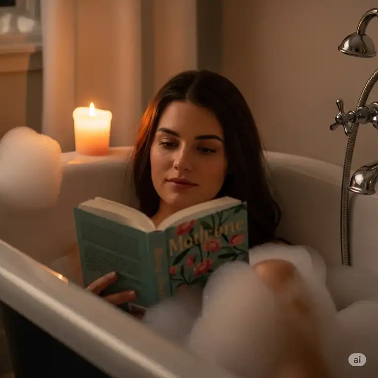 A cozy scene of a person relaxing in a bathtub, reading a book, with bubbles and a lit candle, embodying the perfect "bathtub books" experience.
