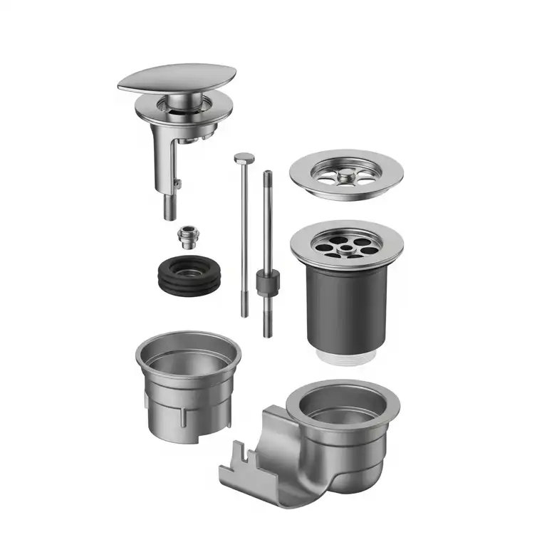 "An exploded view of common bathtub drain parts, including the stopper, overflow plate, and drain shoe assembly, laid out on a white background."