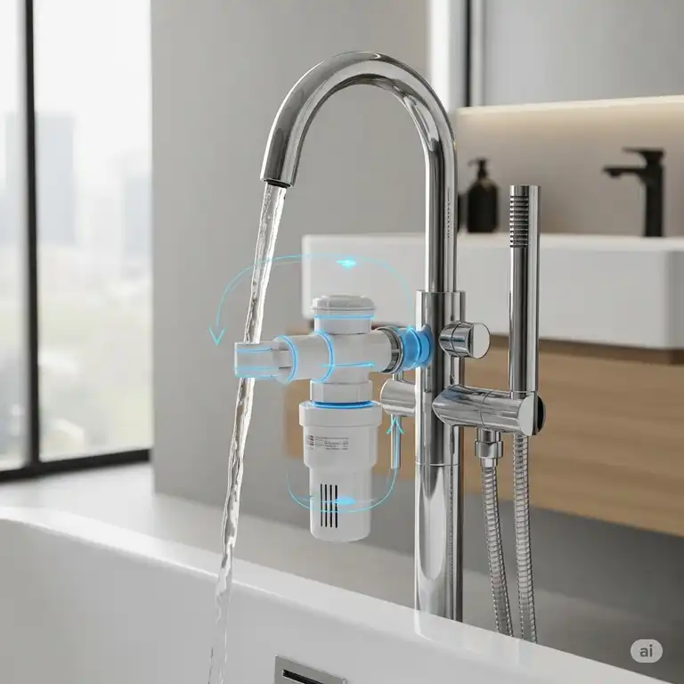 Close-up view of a new water filter for bathtub faucet easily installed on a modern bathtub faucet, ensuring clean water for bathing.