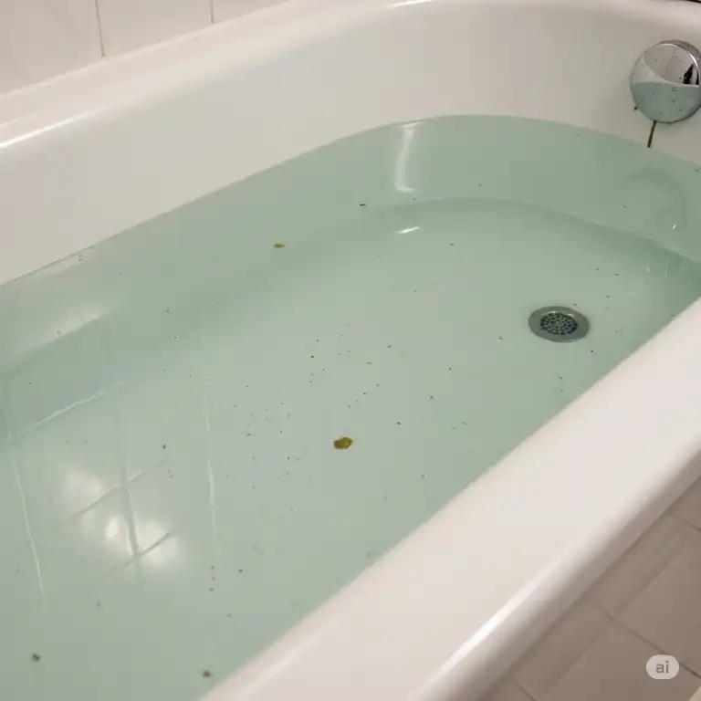 A close-up of a bathtub with standing water, showing it's not draining properly.