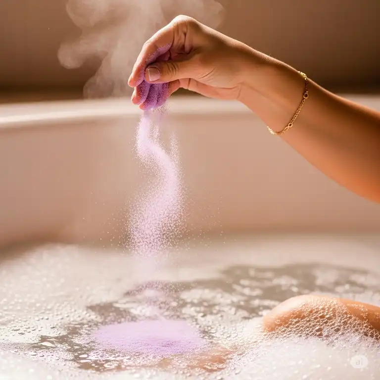 A person's hand sprinkling fragrant bathtub powder into a warm, bubbly bath, creating a relaxing and luxurious experience.