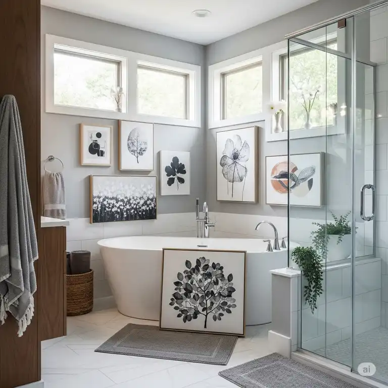 Modern bathroom featuring elegant bathtub wall pictures and contemporary decor, ideal for a stylish home.