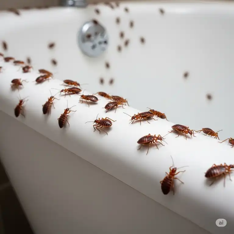 Close-up view of tiny bed bugs crawling on the white porcelain surface of an empty bathtub, indicating a bed bug infestation in a bathroom.