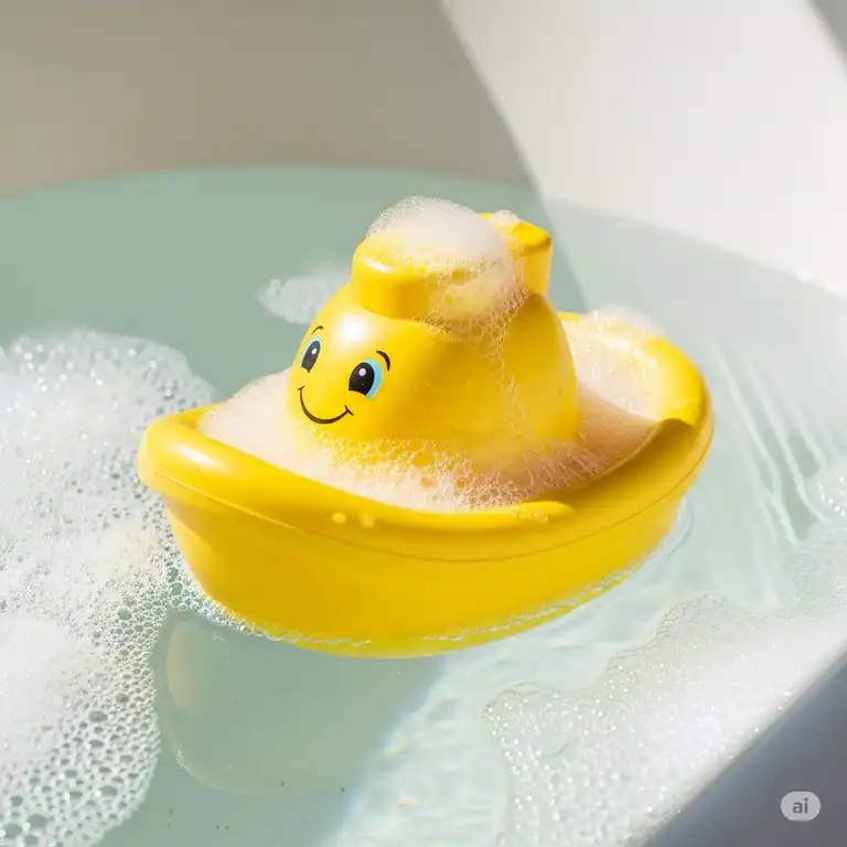 A vibrant yellow boat bathtub toy floating in bubbly water, ready for a child's imaginative play during bath time.