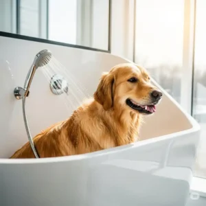 A happy golden retriever enjoying a bath in a modern dog grooming bathtub with an attached shower sprayer.