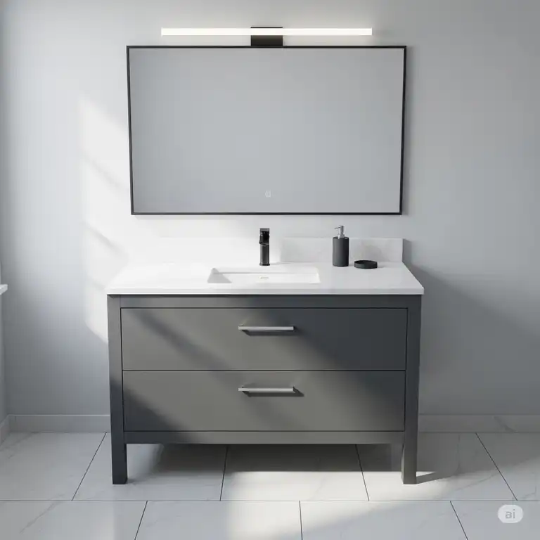 A modern 32-inch bathroom vanity with a white countertop and a dark gray cabinet, shown in a clean, minimalist bathroom.