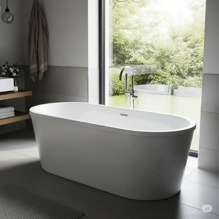 A sleek, modern Fleurco bathtubs as the centerpiece of a luxurious bathroom, showcasing its contemporary design and high-quality finish.