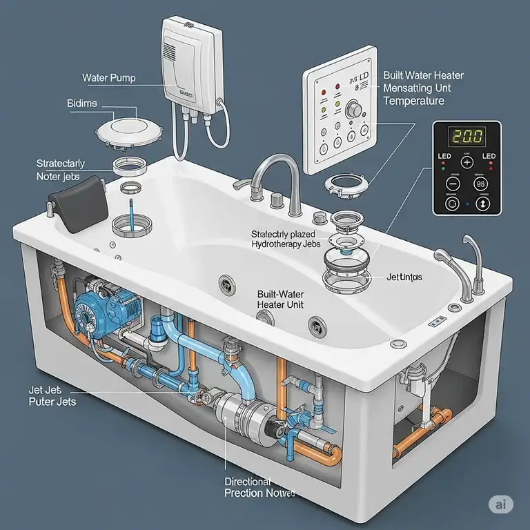 Detailed diagram illustrating various jetted bathtub parts, including the pump, jets, heater, and control panel.