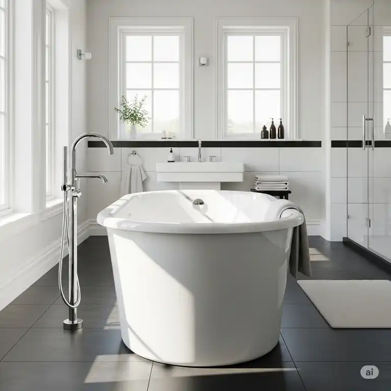 A sleek Mansfield bathtub in a modern, well-lit bathroom, showcasing contemporary design and comfort.