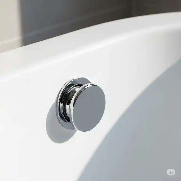 A sleek, chrome bathtub overflow drain cover installed on a modern white bathtub, highlighting its discreet design and function in preventing spills.