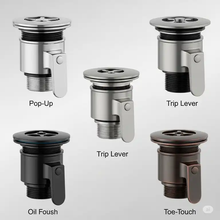 A close-up view of various common types of bathtub drains, including pop-up, trip lever, and toe-touch styles, demonstrating their different mechanisms and finishes.