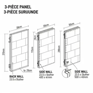 "Diagram illustrating the three individual panels that make up a 3 piece bathtub surround, including the back wall and two side walls."