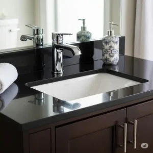 Close-up of a 32-inch bathroom vanity featuring a rectangular undermount sink and a polished chrome faucet.