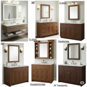 "Collage showcasing various styles of 36 inch bathroom vanities, including modern floating designs, classic shaker cabinets, and transitional freestanding units, illustrating diverse aesthetic options."