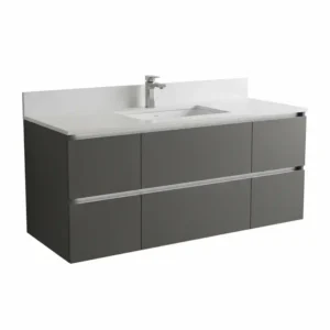 Sleek, wall-mounted 42 inch bathroom vanity with clean lines and minimalist hardware, showcasing a contemporary design.