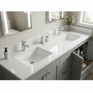 Detail view of the durable countertop and integrated double sinks on a 48-inch bathroom vanity, showcasing the ample space.