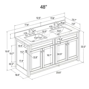A detailed diagram showing the specific dimensions of a 48-inch double sink bathroom vanity, including height, width, and depth measurements for proper installation planning.