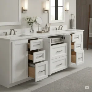 Spacious 55 inch bathroom vanity with ample drawer and cabinet storage for toiletries and towels.