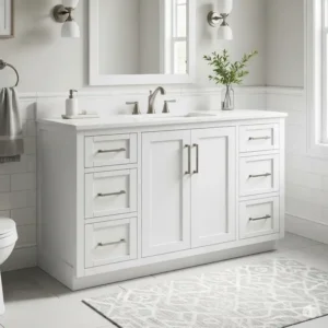 A clean white 60 inch bathroom vanity single sink featuring an undermount basin, brushed nickel hardware, and ample storage drawers, ideal for contemporary bathrooms.