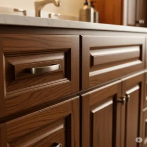 Close-up of the rich wood grain finish on a 72-inch bathroom cabinet, showcasing quality craftsmanship.