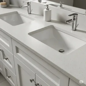  "Close-up view of the durable countertop and integrated 72 inch bathroom vanity double sink, showcasing ample basin space."