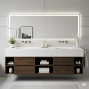 Sleek modern 84-inch bathroom vanity featuring clean lines and ample storage, ideal for contemporary bathroom aesthetics.
