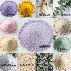 An assortment of various bathtub powder textures and natural colors, highlighting the diverse range available for a soothing bath.