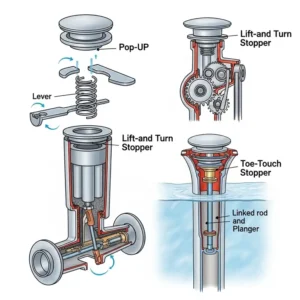 "Illustrations of various bathtub drain parts, such as a pop-up stopper, lift-and-turn stopper, and toe-touch stopper, showcasing their different mechanisms."