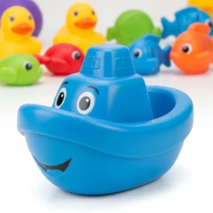 A cheerful blue boat bathtub toy with a friendly face, perfect for little hands to grasp in the tub.