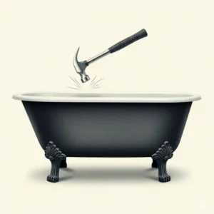 An illustration depicting a sturdy cast iron bathtub with a small, unblemished hammer bouncing off its surface, symbolizing its exceptional durability and long lifespan compared to acrylic, a key aspect of cast iron vs acrylic bathtub.