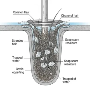 A diagram illustrating a common hair clog obstructing a bathtub drain.