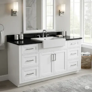 Sleek, modern 60 inch bathroom vanity featuring clean lines and minimalist design, ideal for contemporary bathrooms.