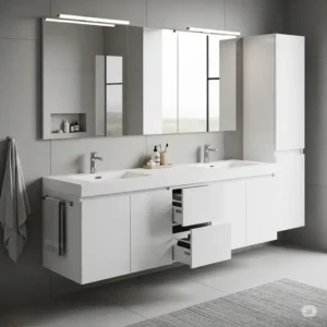 Sleek modern 72-inch bathroom vanity in a minimalist design with ample storage and integrated sinks.