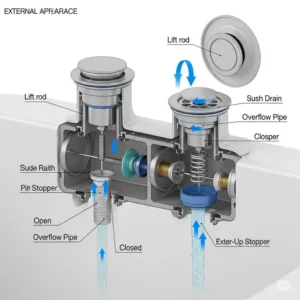 Diagram illustrating the internal workings and external appearance of a pop-up bathtub drain, showing the stopper in both open and closed positions.