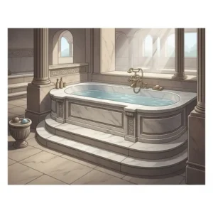Illustration depicting the common design elements of a traditional Roman bathtub, including steps and a spacious basin.