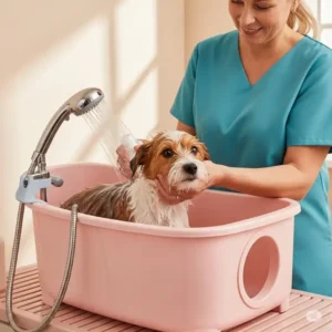 A small terrier mix being gently washed in a compact dog grooming bathtub, designed for comfort and accessibility.