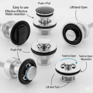 "Close-up of various watco bathtub drain stoppers, showcasing their different styles and ease of use for effective water retention."