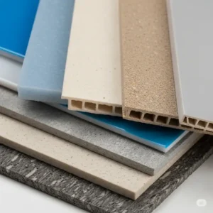 "Close-up of various material samples for 3 piece bathtub surrounds, such as acrylic, PVC, and composite, showcasing textures and colors."